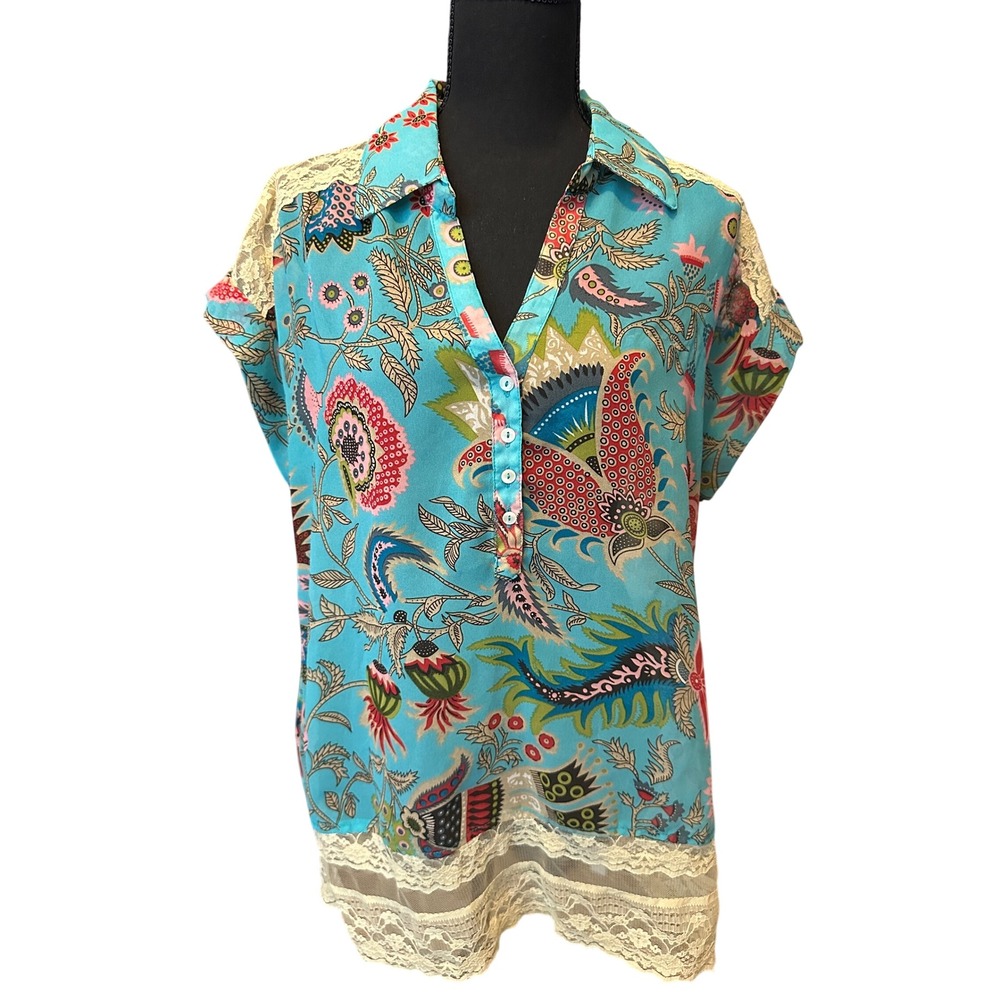 Just Pearls XL Turquoise Paisley Floral Lace Trim Boho Whimsy Feminine India